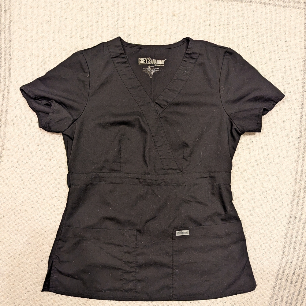 Grey's Anatomy Women's Black Small Scrub Top W/ 2 Front Pockets Adjustable Waist